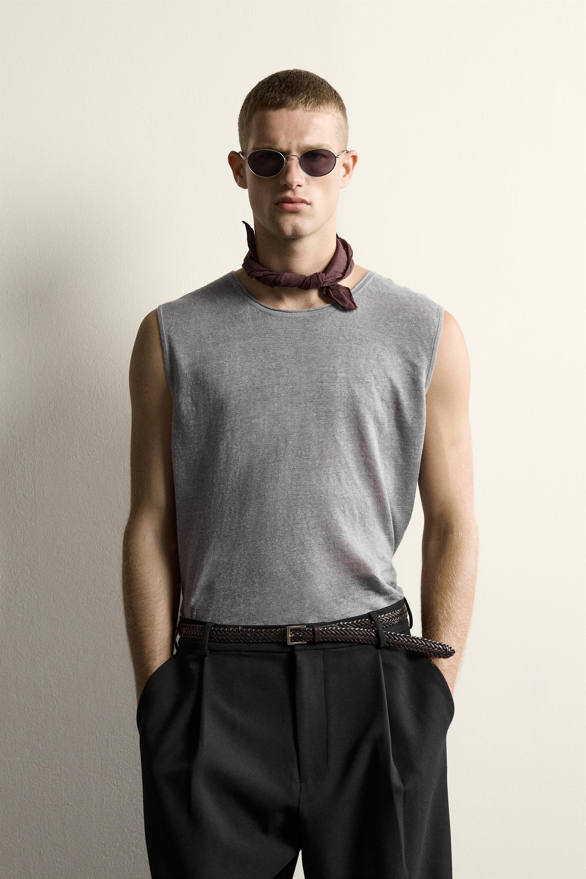 トップス Linen Tank Top SHADE GRAY 100% LINEN KNIT TANK TOP - Gray | ZARA United States