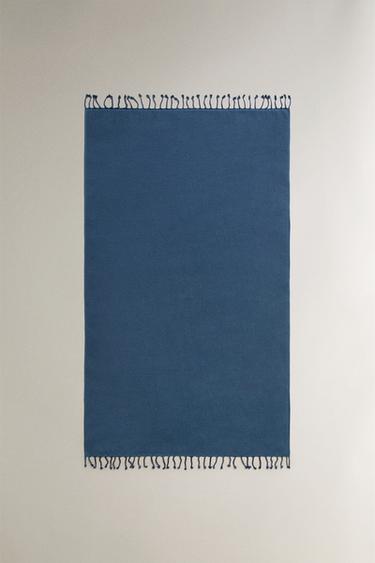 FRINGED COTTON BEACH TOWEL - Mid-blue by Zara