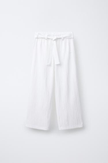 Zara TEXTURED WIDE LEG BELTED PANTS - White