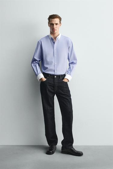 Zara LIMITED EDITION CONTRAST STRIPED SHIRT - Sky blue