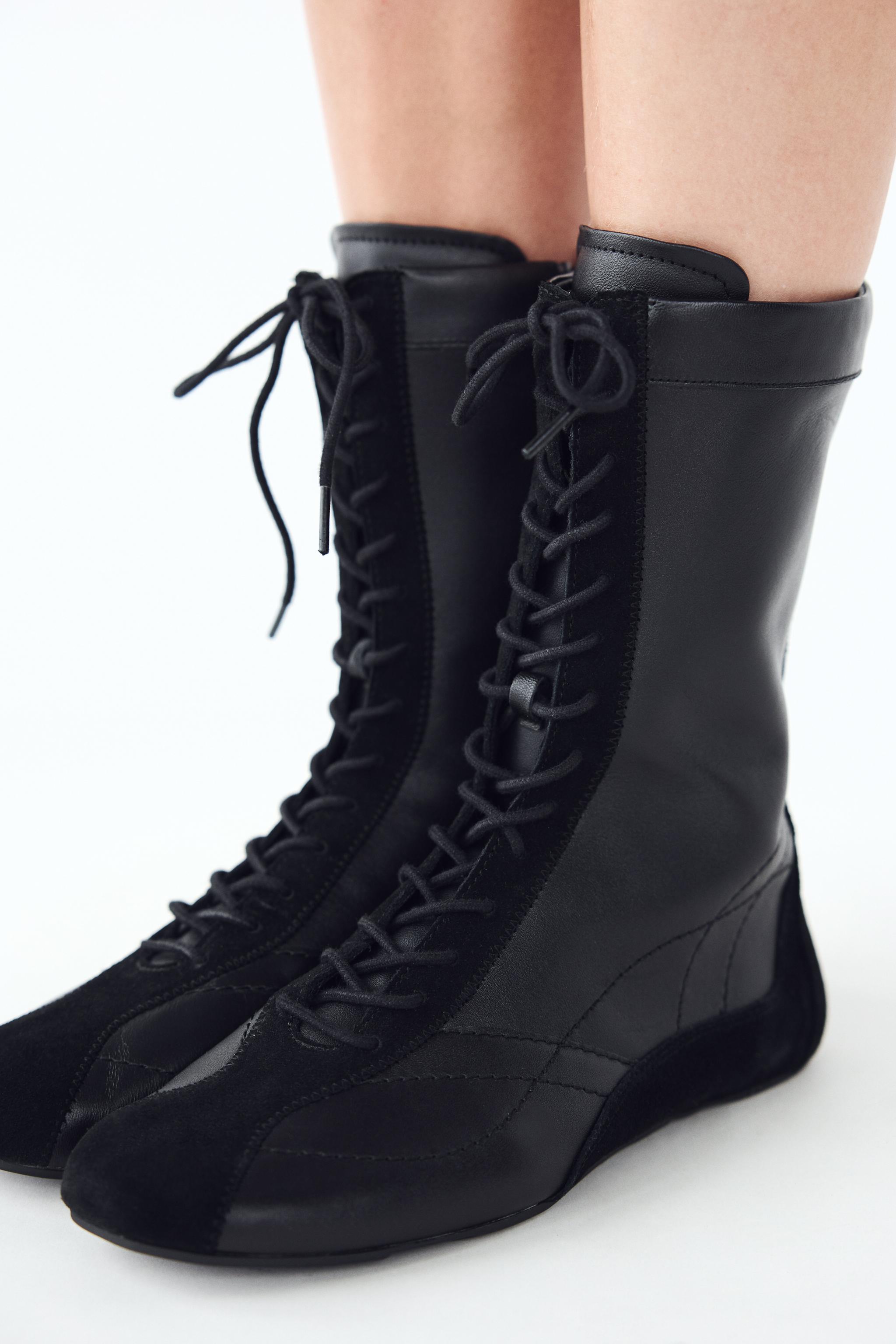 LACE UP FLAT LEATHER ANKLE BOOTS Black ZARA Canada