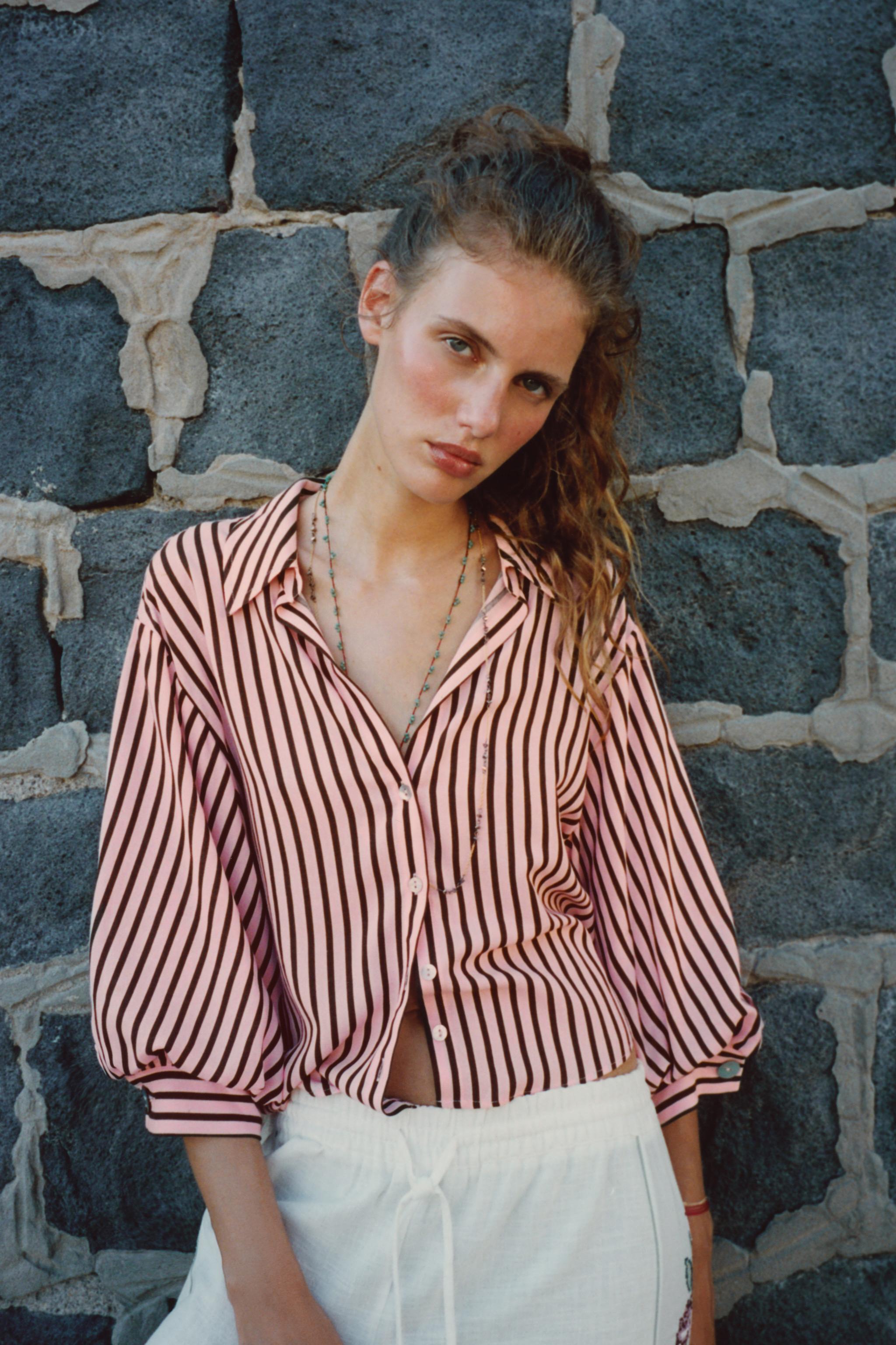 Женские рубашки Zara STRIPED BALLOON SLEEVE SHIRT
