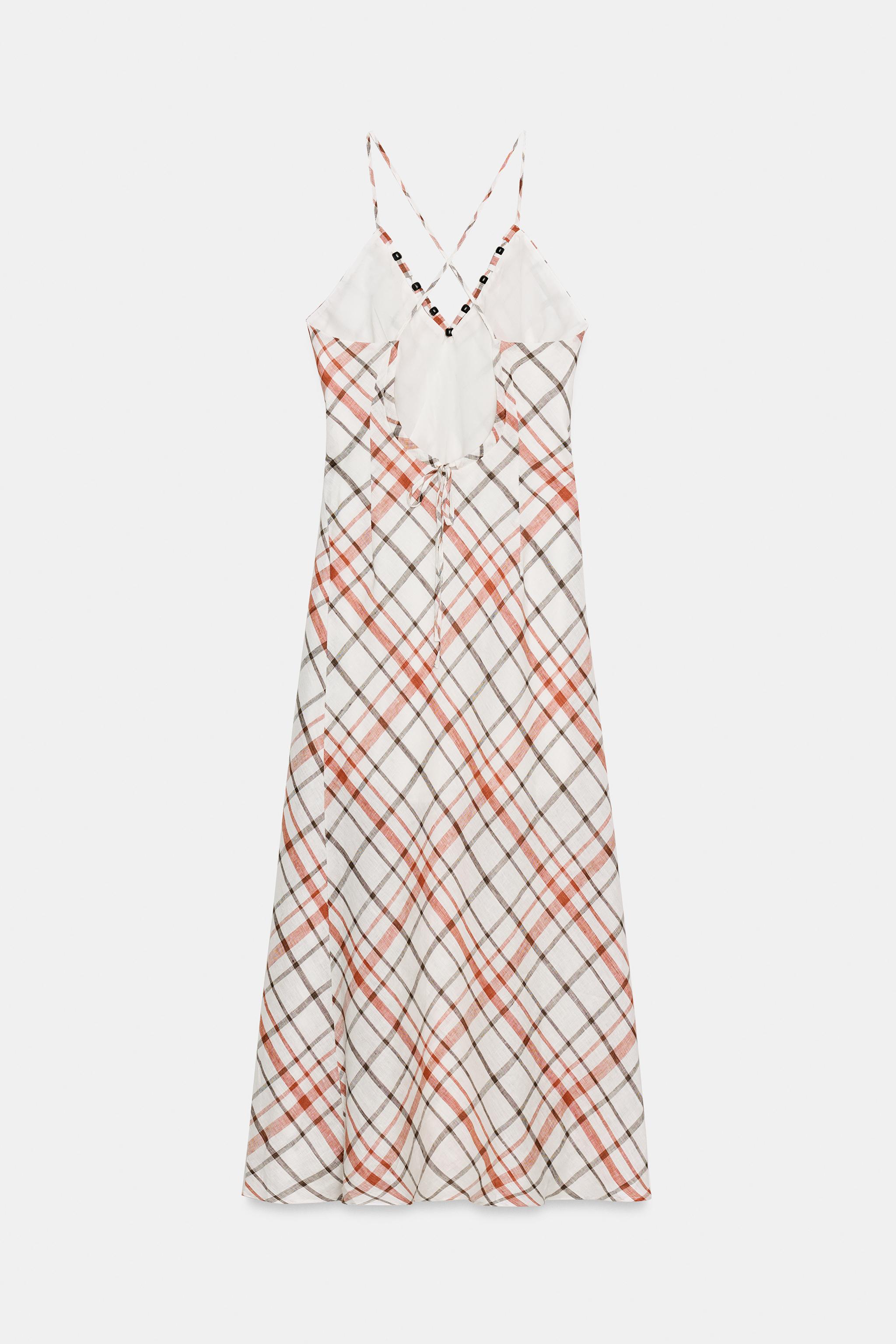PLAID LINEN BLEND MIDI DRESS