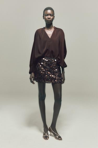 MINISSAIA DE LANTEJOULAS - Preto / Marrom da Zara - Imagem 0