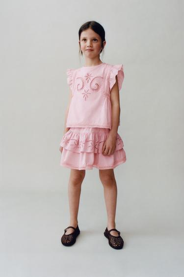 Zara EMBROIDERED AND LACE RUFFLE SKIRT - Pastel pink