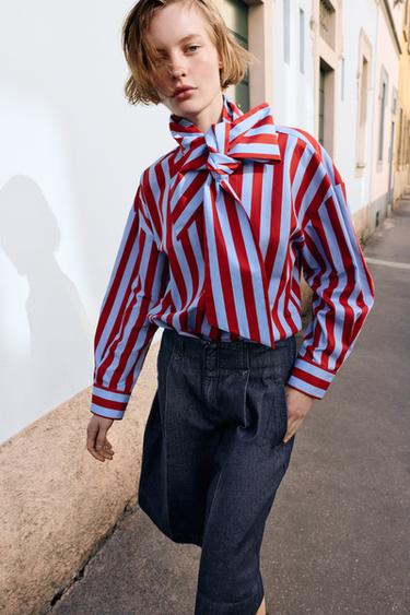 Zara BOW NECK STRIPED SHIRT - Multicolored