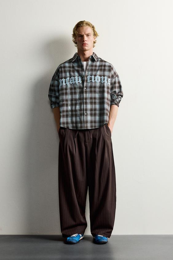 CHECK SHIRT WITH TEXT PATCHES - Brown-Blue by Zara - Image 0