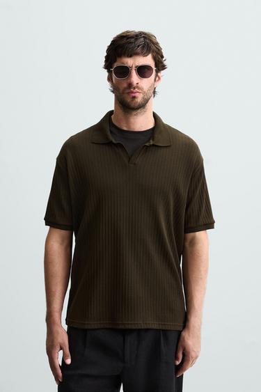 Zara RIB KNIT POLO SHIRT - Chocolate