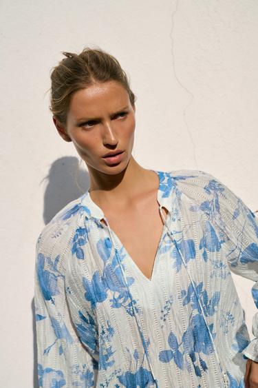 BEADED FLORAL PRINT SHIRT - Blue/White by Zara - Image 3