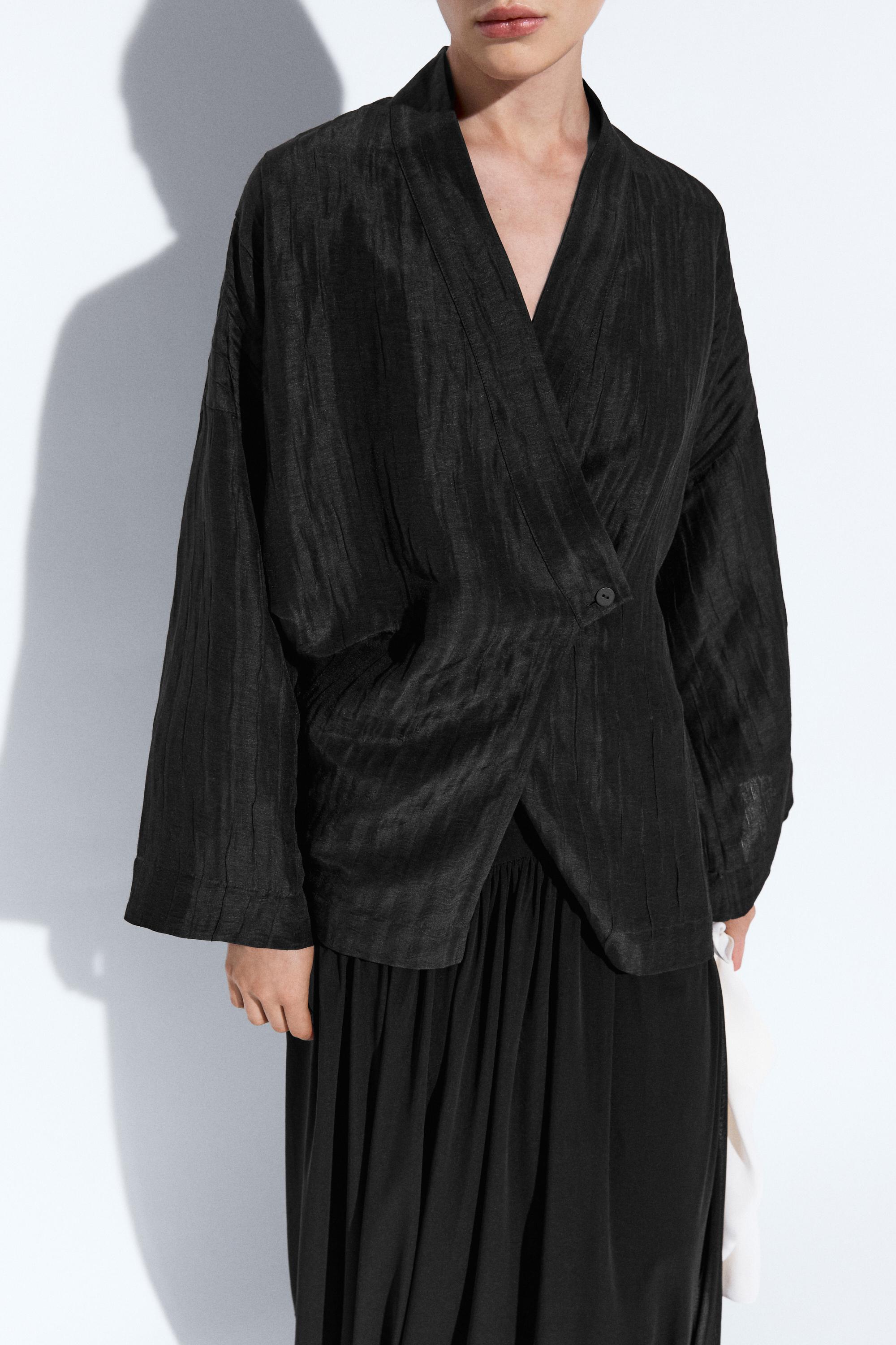 Textured linen blend V-neck kimono
