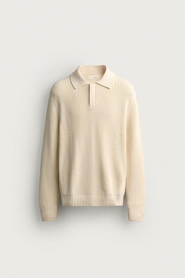 REGULAR FIT PURL KNIT POLO SHIRT - Oyster-white by Zara