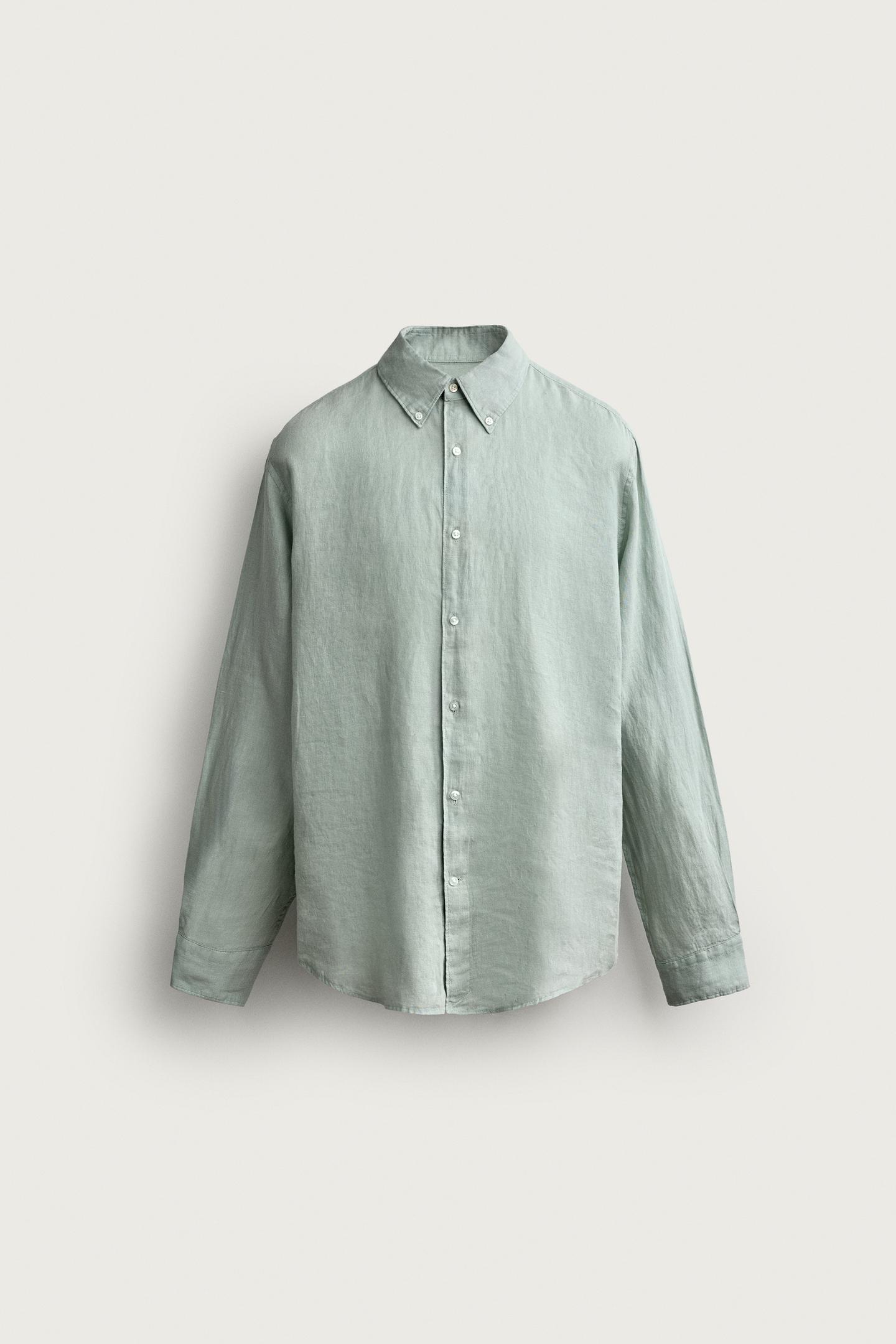 Мужская рубашка Zara 100% Linen Regular Fit, цвет: Синий / Зелёный — фото 7