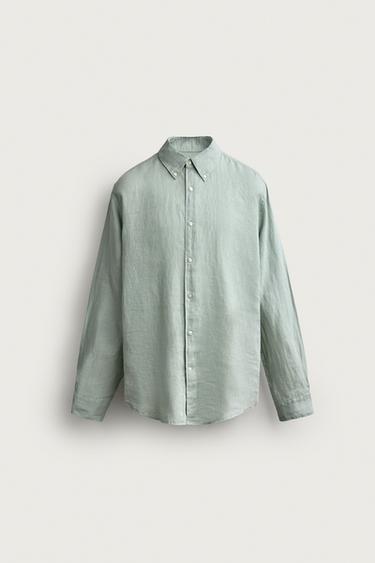 قميص بقصة عادية 100% كتان - أزرق / أخضر الخاص بـ Zara
