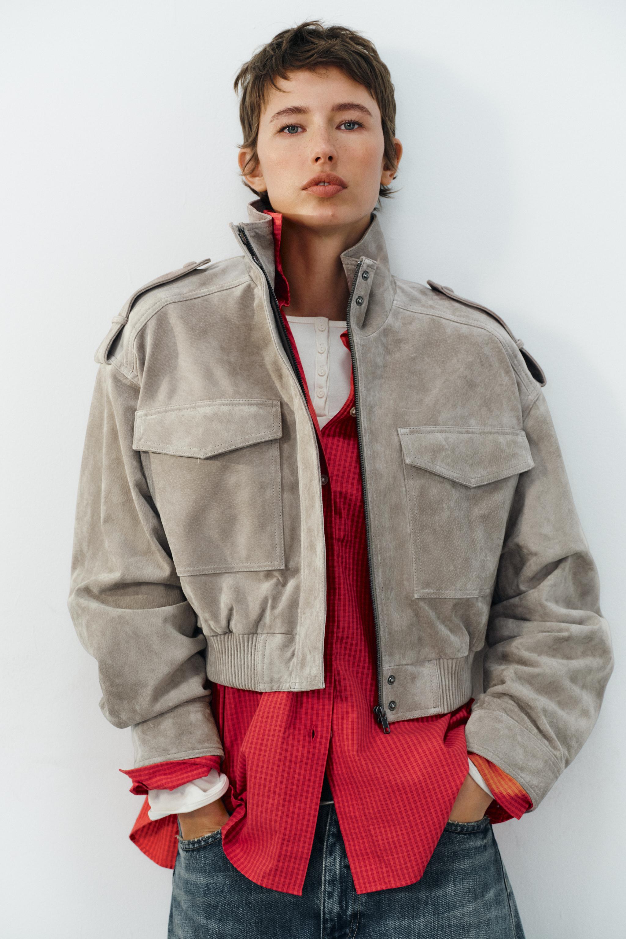 100% LEATHER CROPPED JACKET WITH TABS — Light gray
