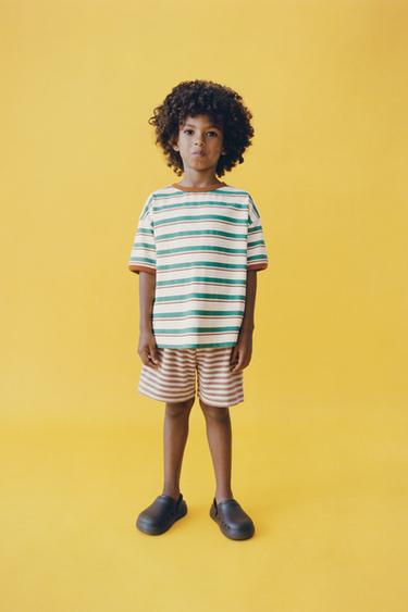 Zara STRIPED TRIM T-SHIRT - Ecru / Green