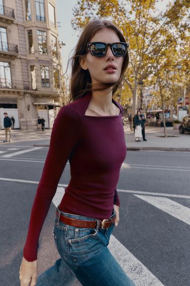 RIBBED LONG SLEEVE T-SHIRT - Wine by Zara - Image 4