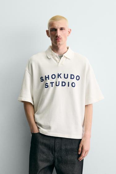 Zara CONTRAST PRINT POLO SHIRT - Oyster-white