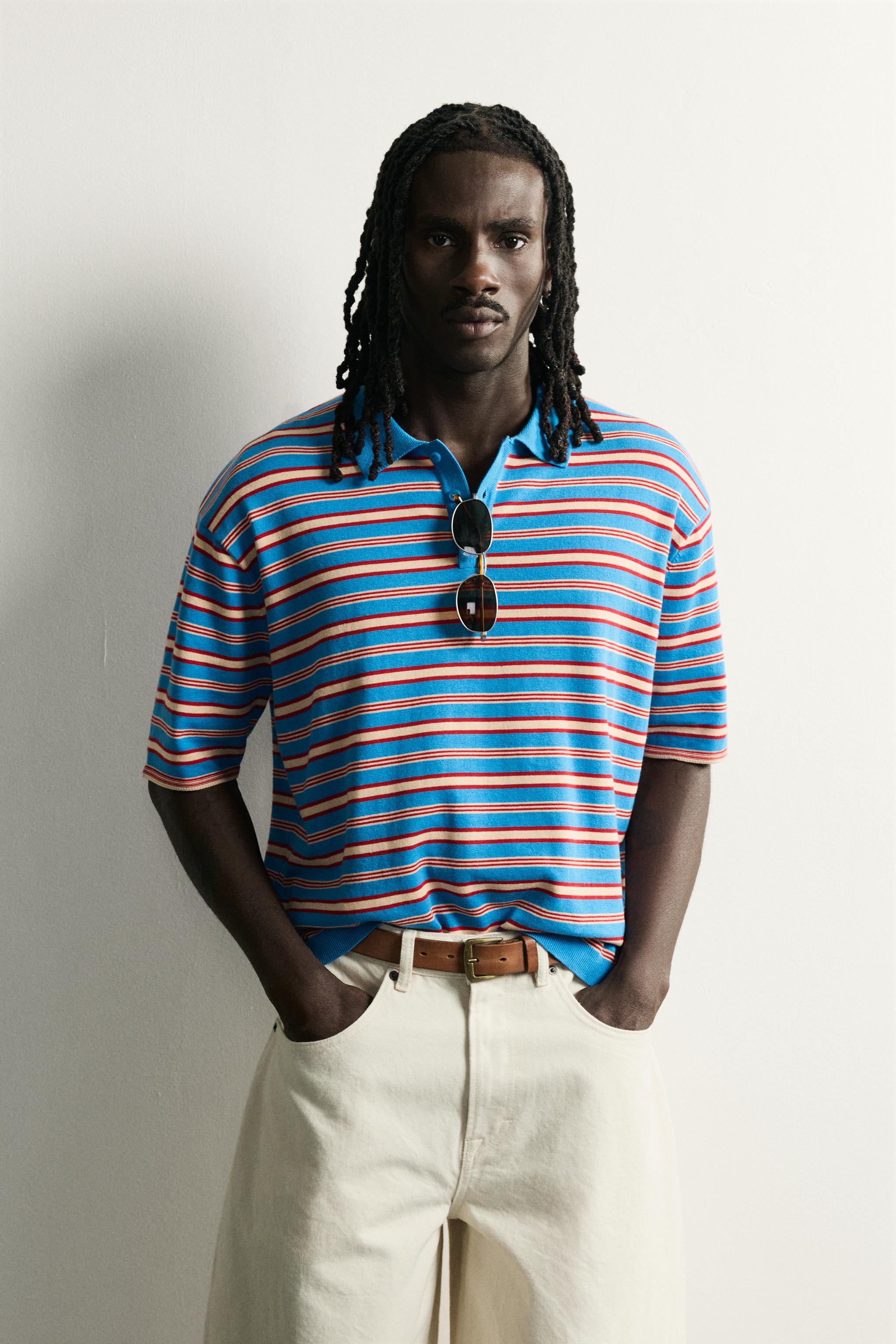 STRIPED JACQUARD KNIT POLO — Light blue
