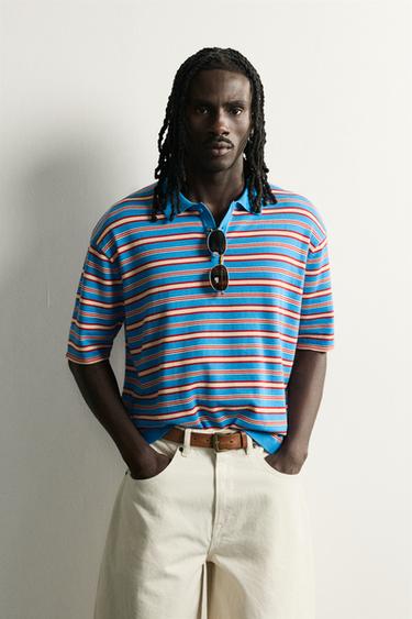 STRIPED JACQUARD KNIT POLO SHIRT - Light blue by Zara