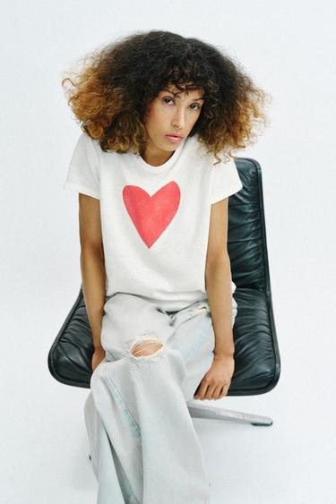 Zara SHORT SLEEVE HEART T-SHIRT - White