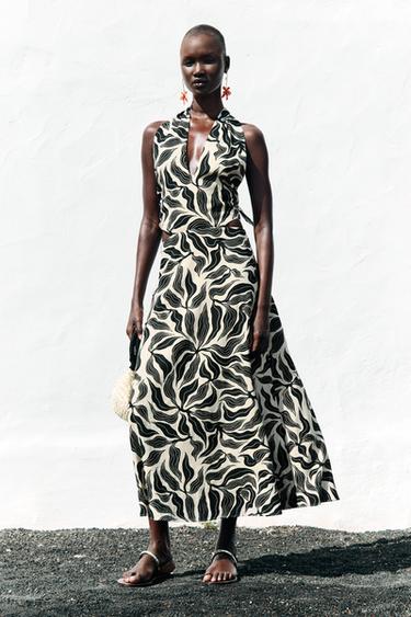 HALTER MIDI DRESS WITH LINEN BLEND - Black / Ecru by Zara - Image 0