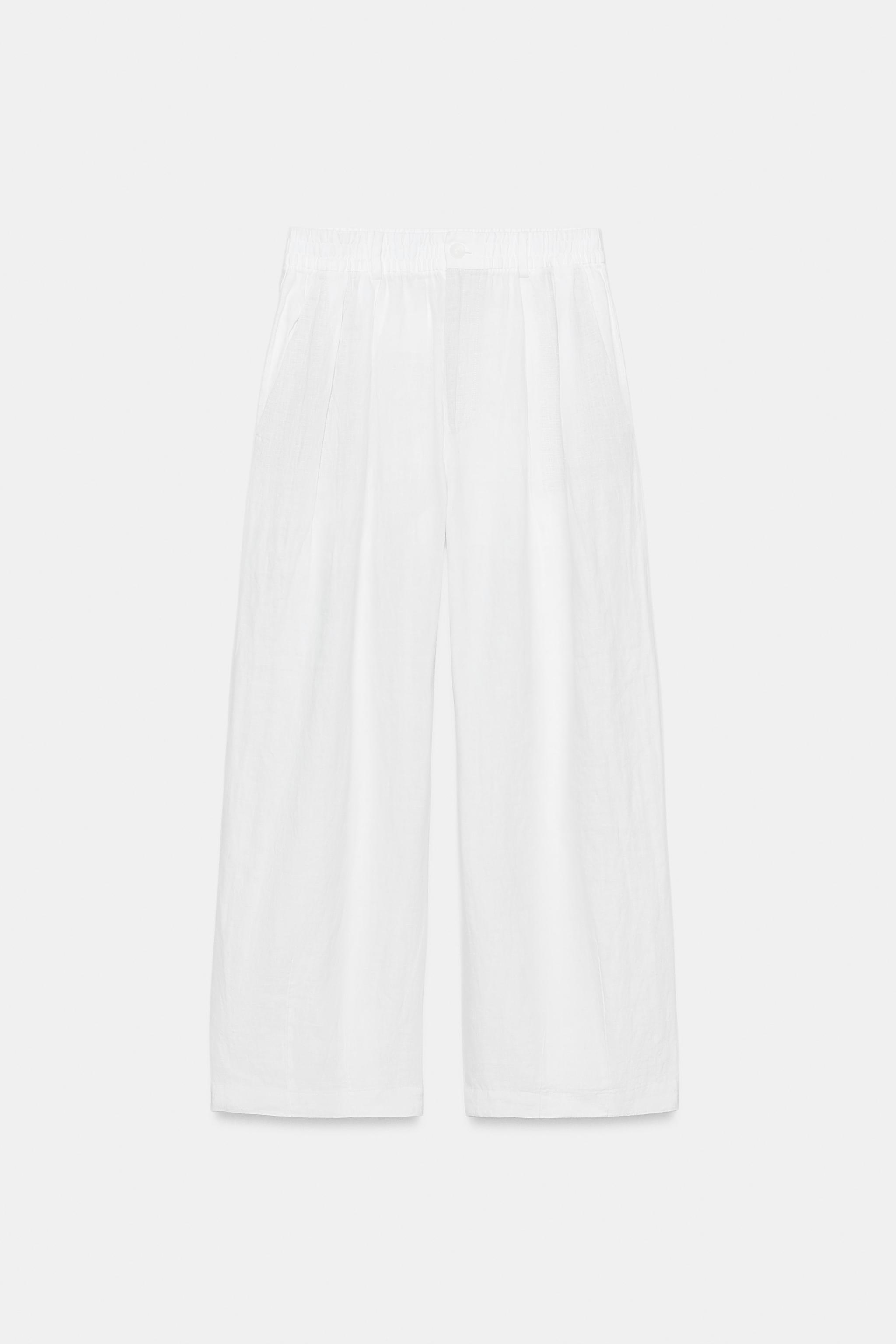 100% LINEN PLEATED PANTS ZW COLLECTION — White