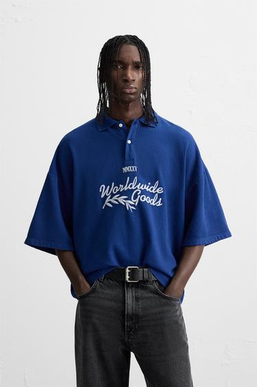 POLO TEXTO BORDADO - Azul de Zara
