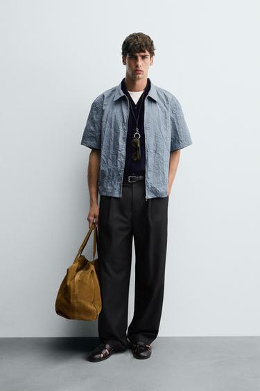 Zara 皺褶效果拉鍊襯衫 - 天藍色