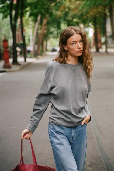 SWEAT COL ROND - Gris chiné de Zara