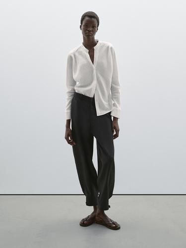 Zara Flowing linen shirt with stand collar - White