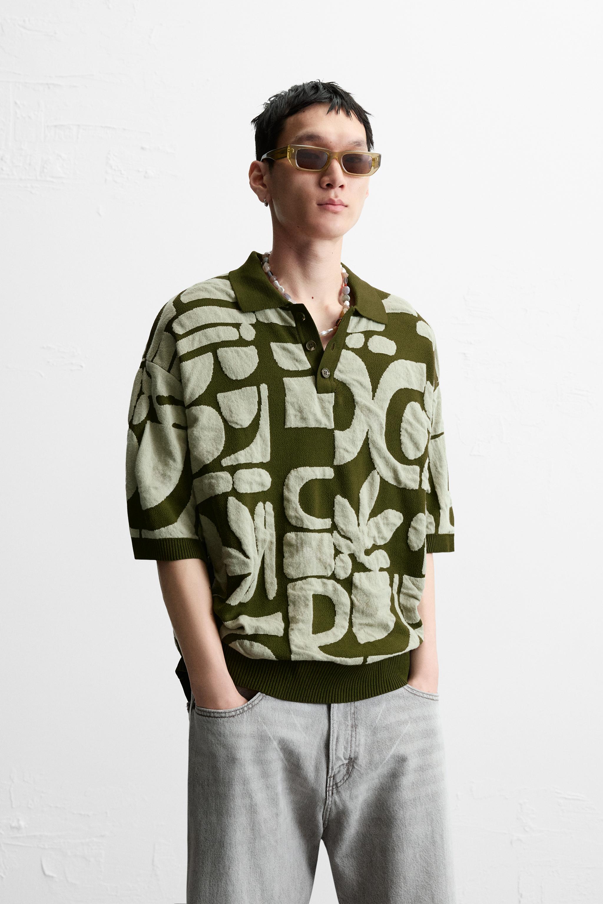 CONTRAST JACQUARD KNIT POLO SHIRT - Greens | ZARA United States