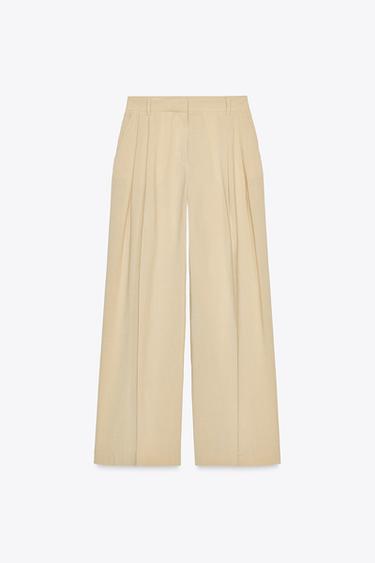 PANTALON LARGE À PINCES AVEC LIN - Marron clair de Zara - Image 7
