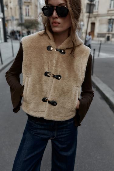 Zara SHEARLING TOGGLE VEST - taupe brown