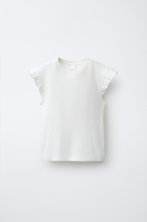 RIBBED RUFFLE T-SHIRT - Oyster-white by Zara - Image 0
