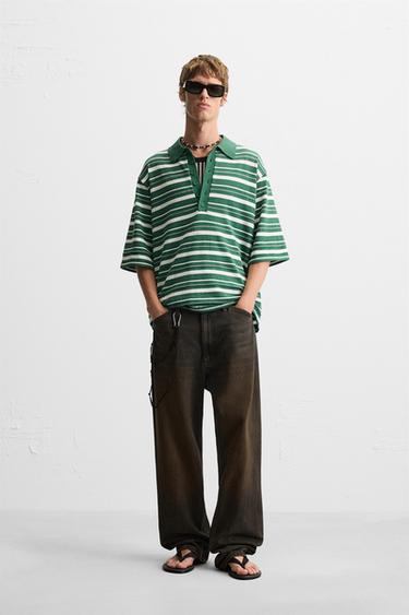 Zara POLO MAJICA OD TEKSTURISANOG PLETIVA SA PRUGAMA – Zelena – Slika 0