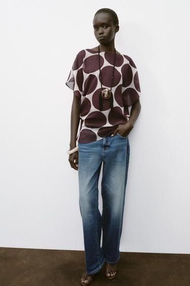 SHEER POLKA DOT TOP - Ecru / Maroon by Zara