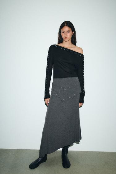 SOFT STUDDED MIDI SKIRT - Grey marl by Zara
