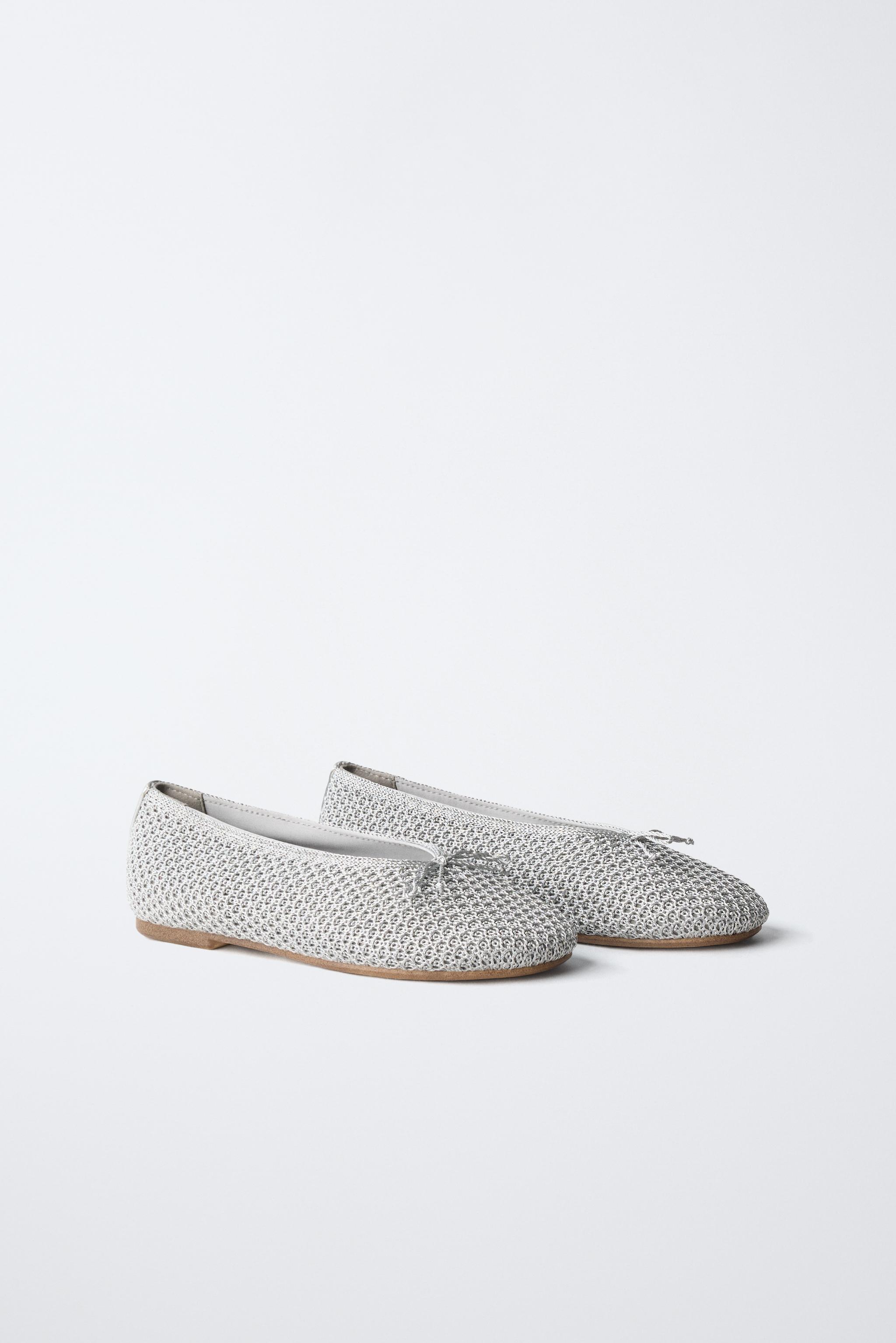 METALLIC CROCHET EFFECT BALLET FLATS — Silver