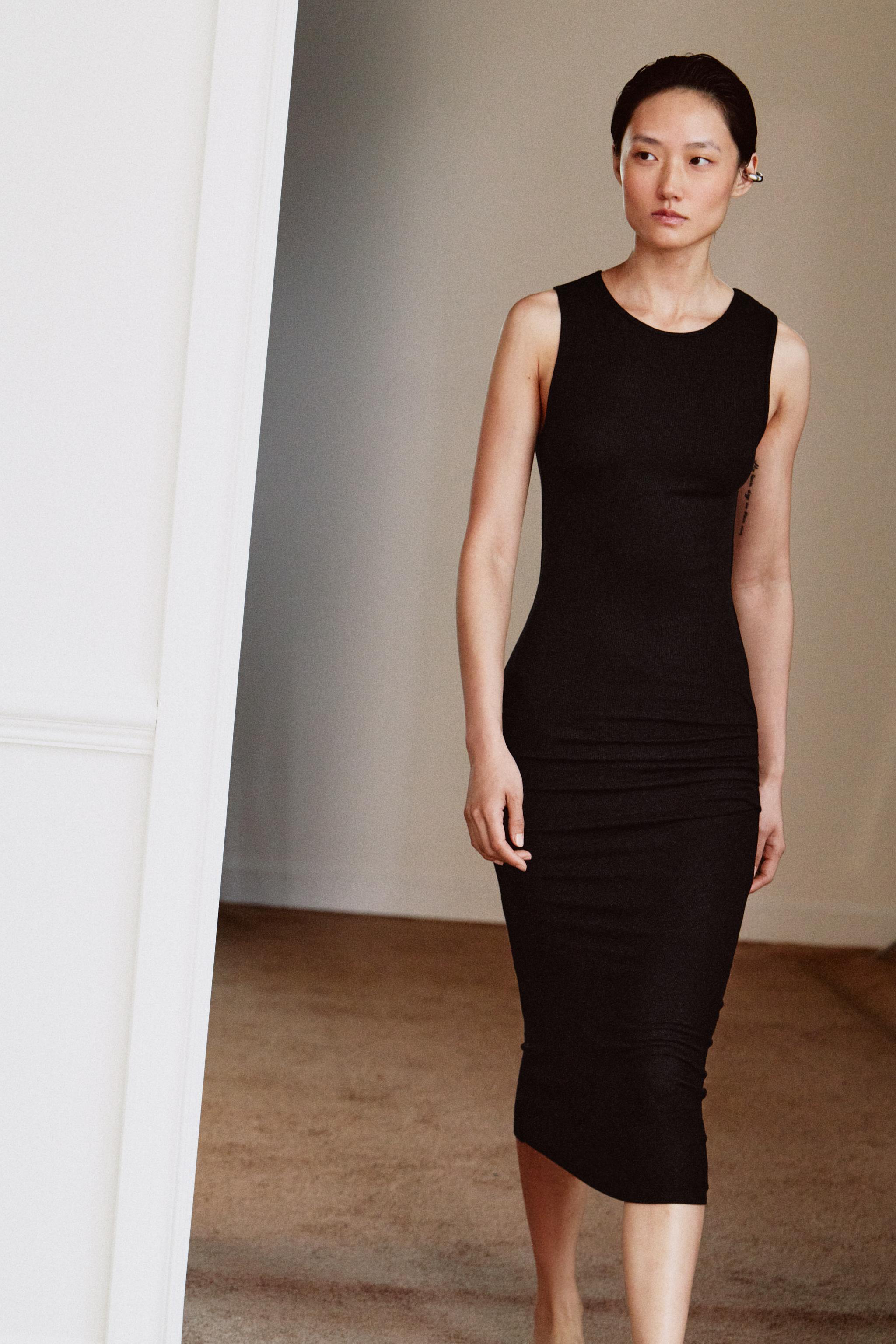 MIDI DRESS WITH DRAPED DETAIL — Black