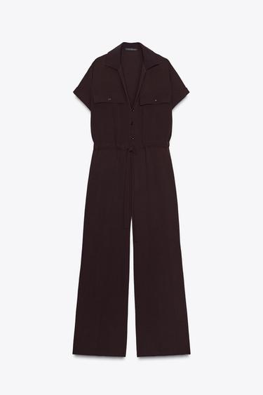 Zara FLOWY POCKET JUMPSUIT - Chocolate