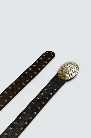HAIRY LEATHER STUDDED BELT - Tobacco by Zara - Image 1