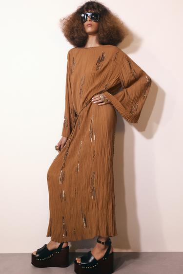 VESTIDO ABALORIOS ZW COLLECTION - Ocre de Zara