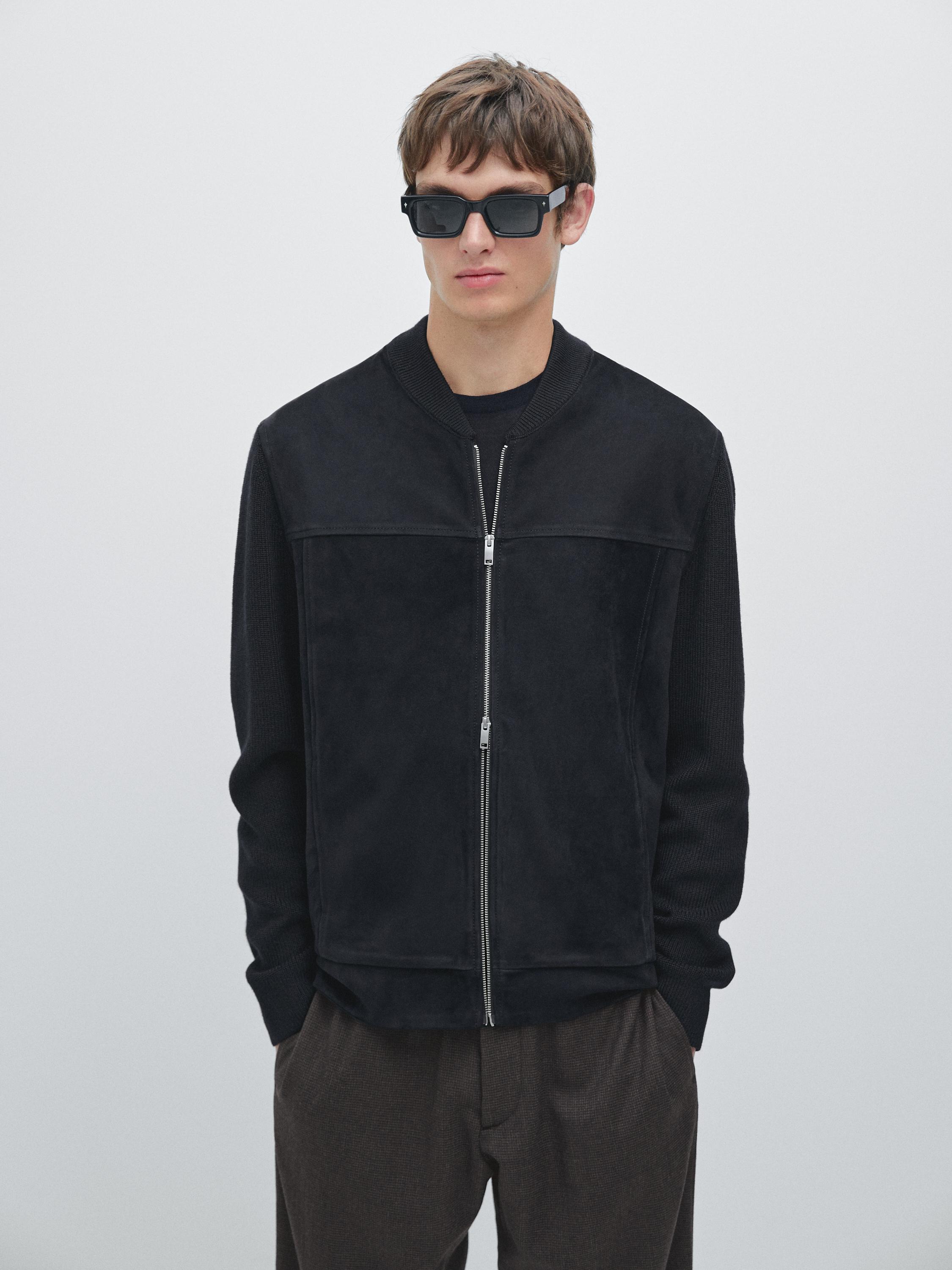 Wool and suede leather blend bomber jacket