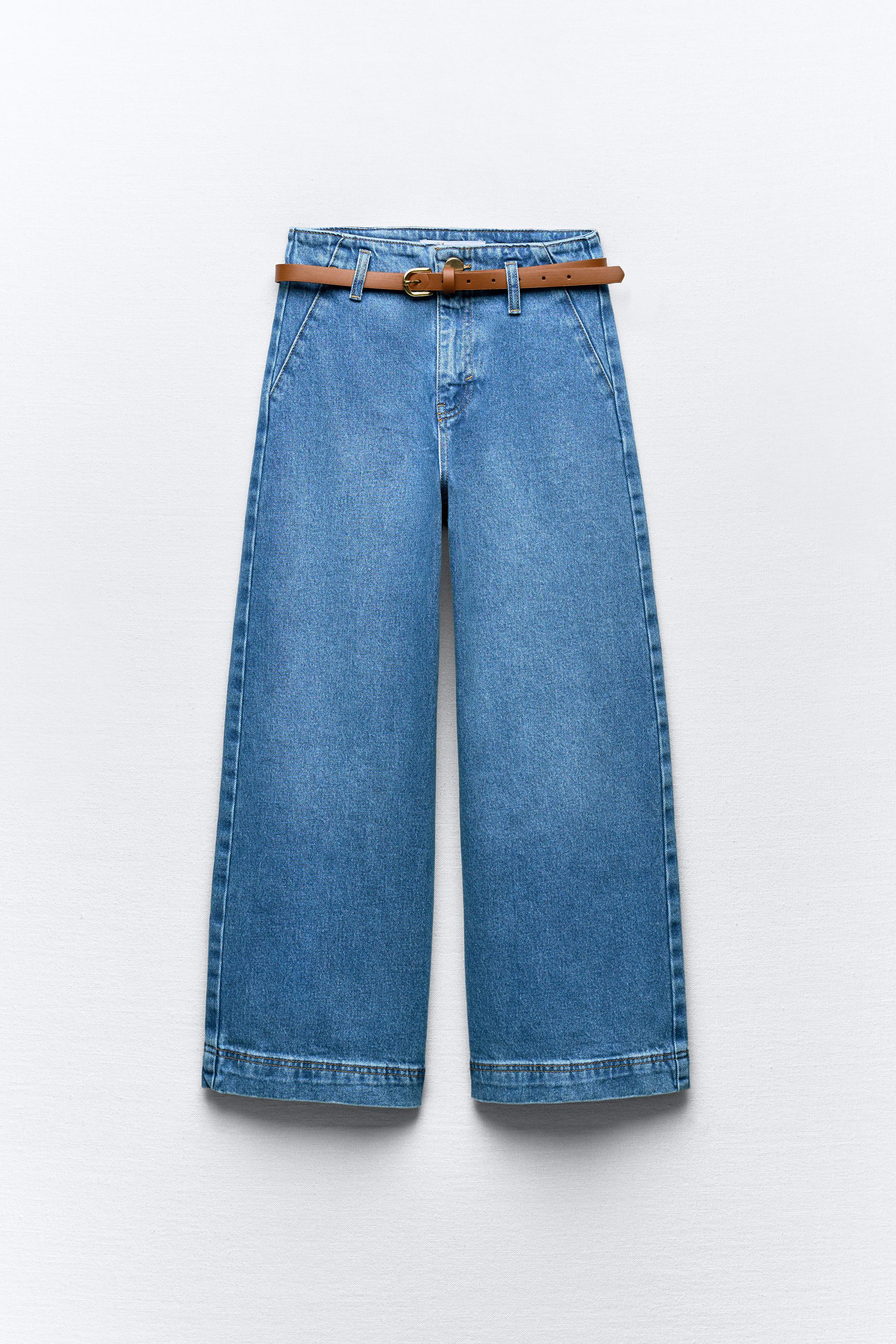 Z1975 WIDE-LEG CROPPED HIGH-WAIST BELTED JEANS - Mid-blue | ZARA 