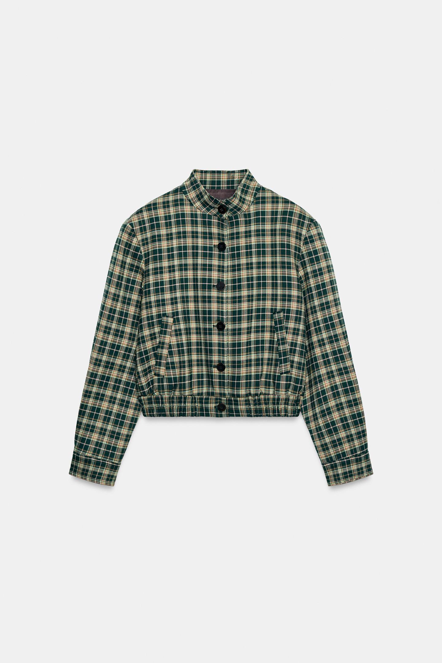 Женская куртка Zara Check Bomber, цвет: Зелёный / Экрю