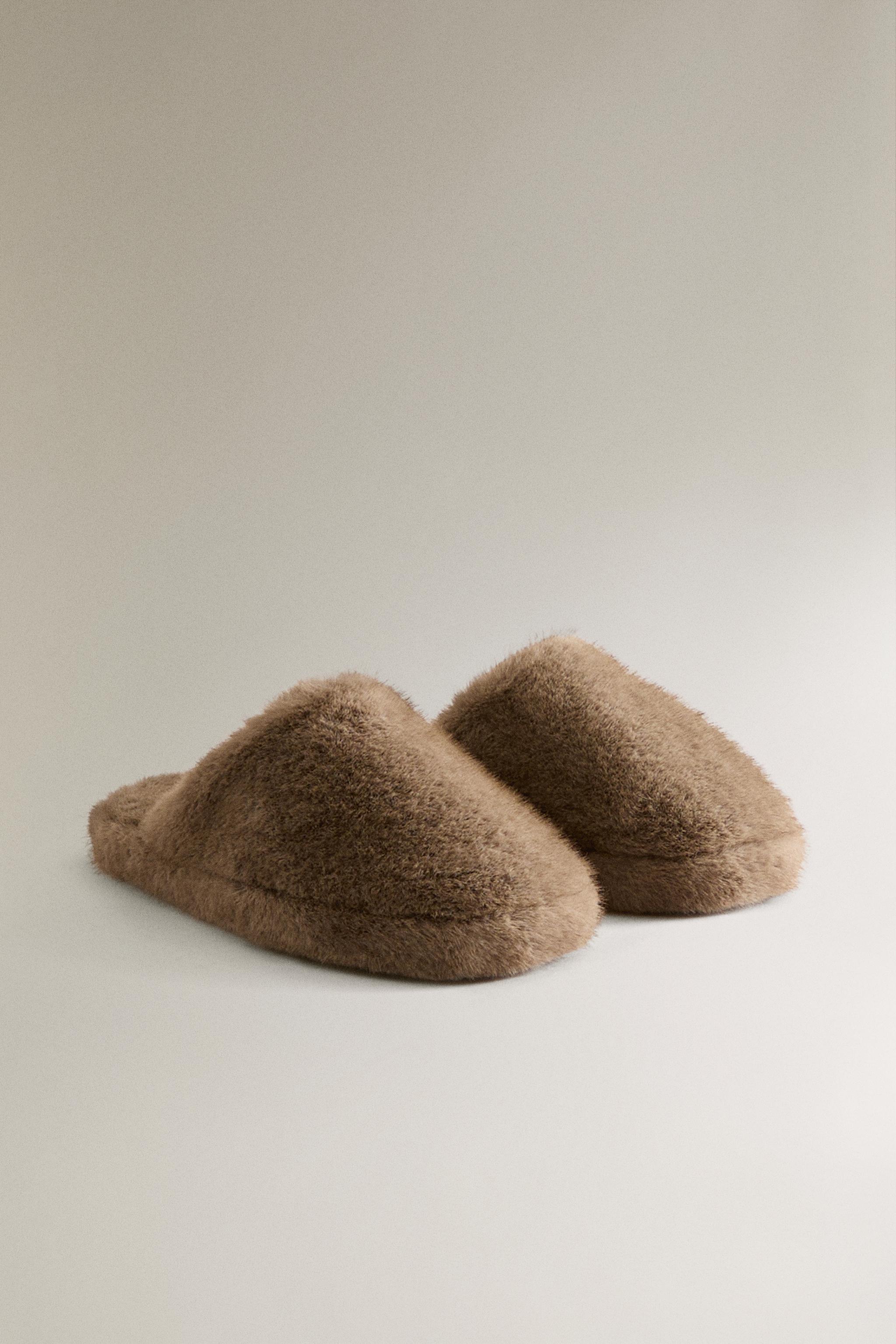 FAUX FUR MULE SLIPPERS — Taupe Gray