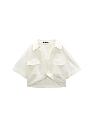 ELASTIC LINEN BLEND CROPPED SHIRT