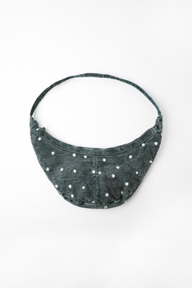 Zara DAISY EMBROIDERED DENIM CROSSBODY BAG - Blue