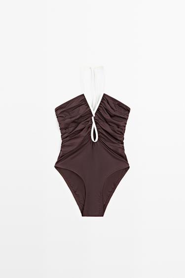 Zara Swimsuit with contrast gathered detail - Brown