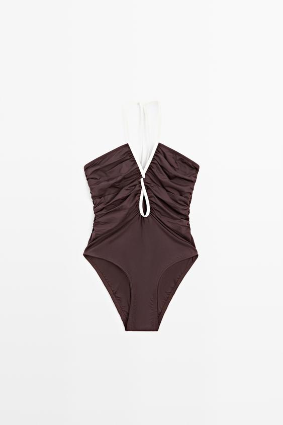 Zara Swimsuit with contrast gathered detail - Brown - Image 0